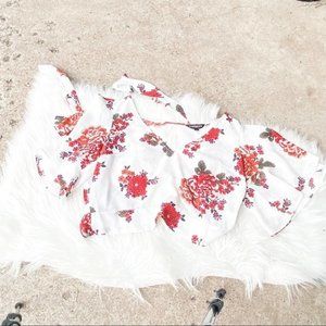 Express White and Red Floral Crop Top Flounce Sleeve Top